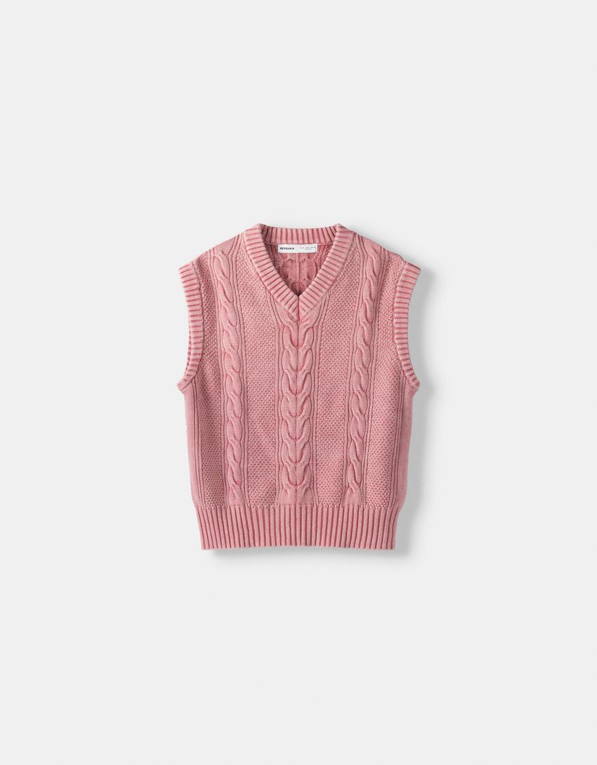 Gilet sans manches tressé-Rose-4