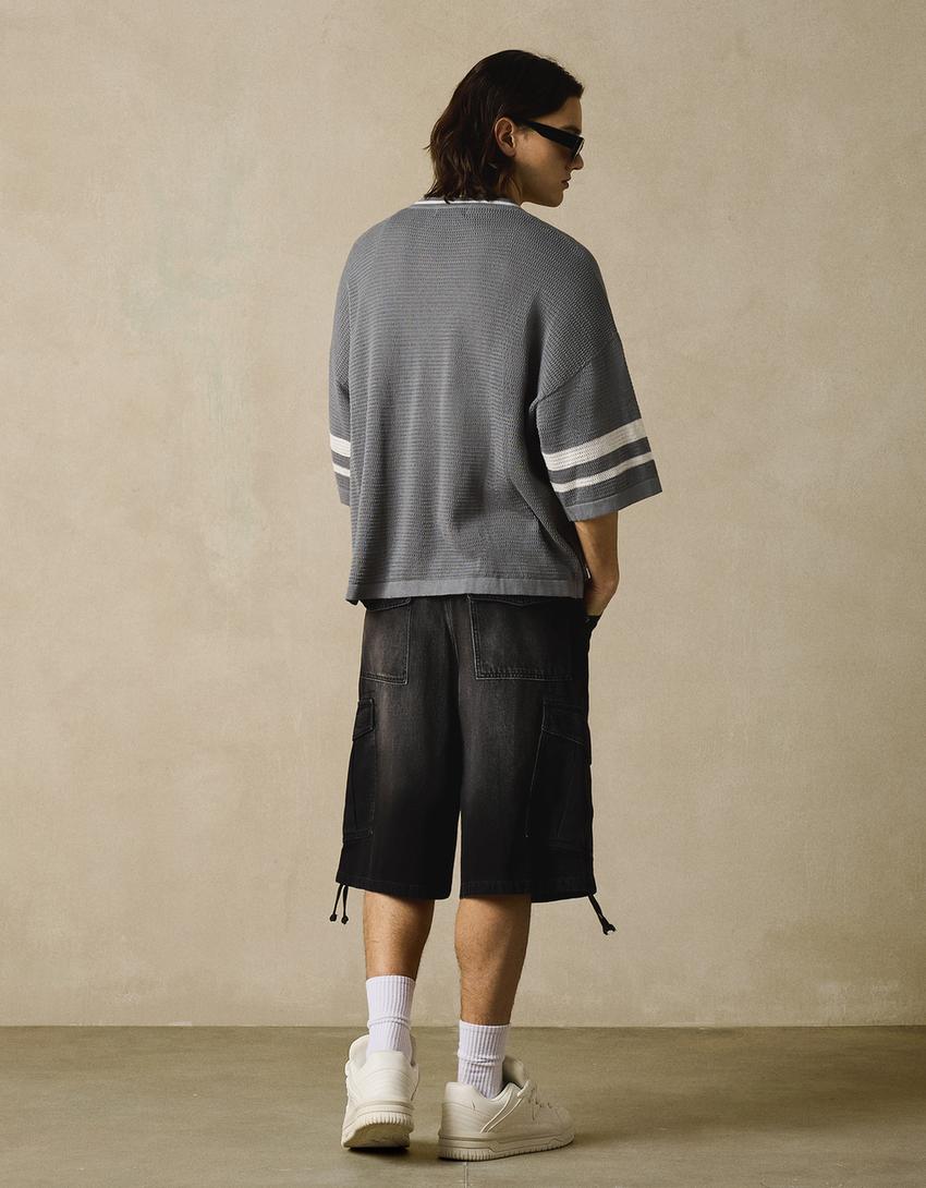 Denim parachute cargo Bermuda shorts-Black