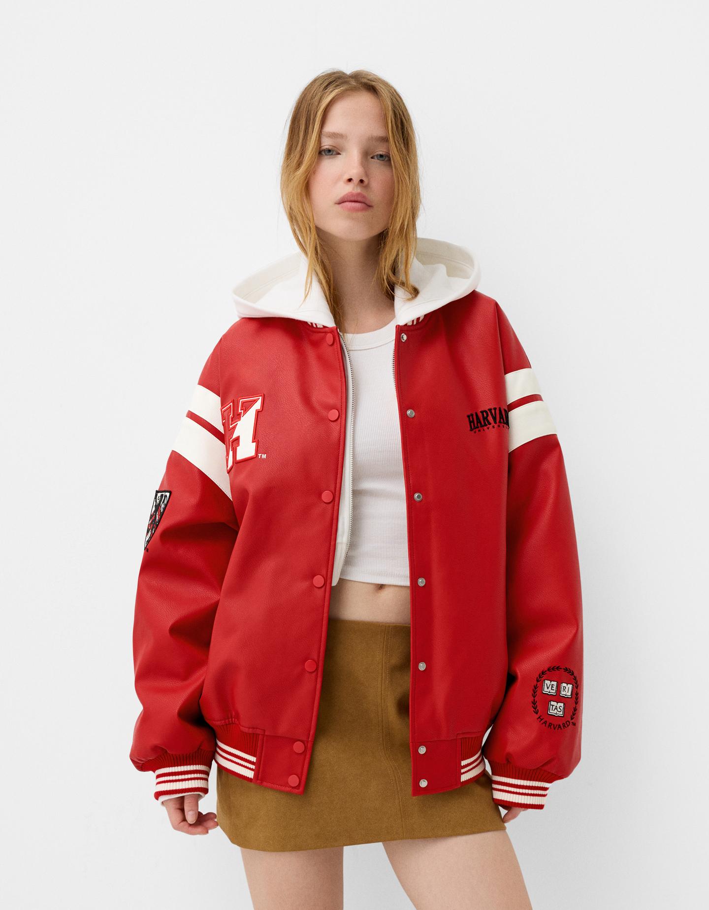 Bershka Cazadora Varsity Oversize Efecto Piel Mujer M Rojo