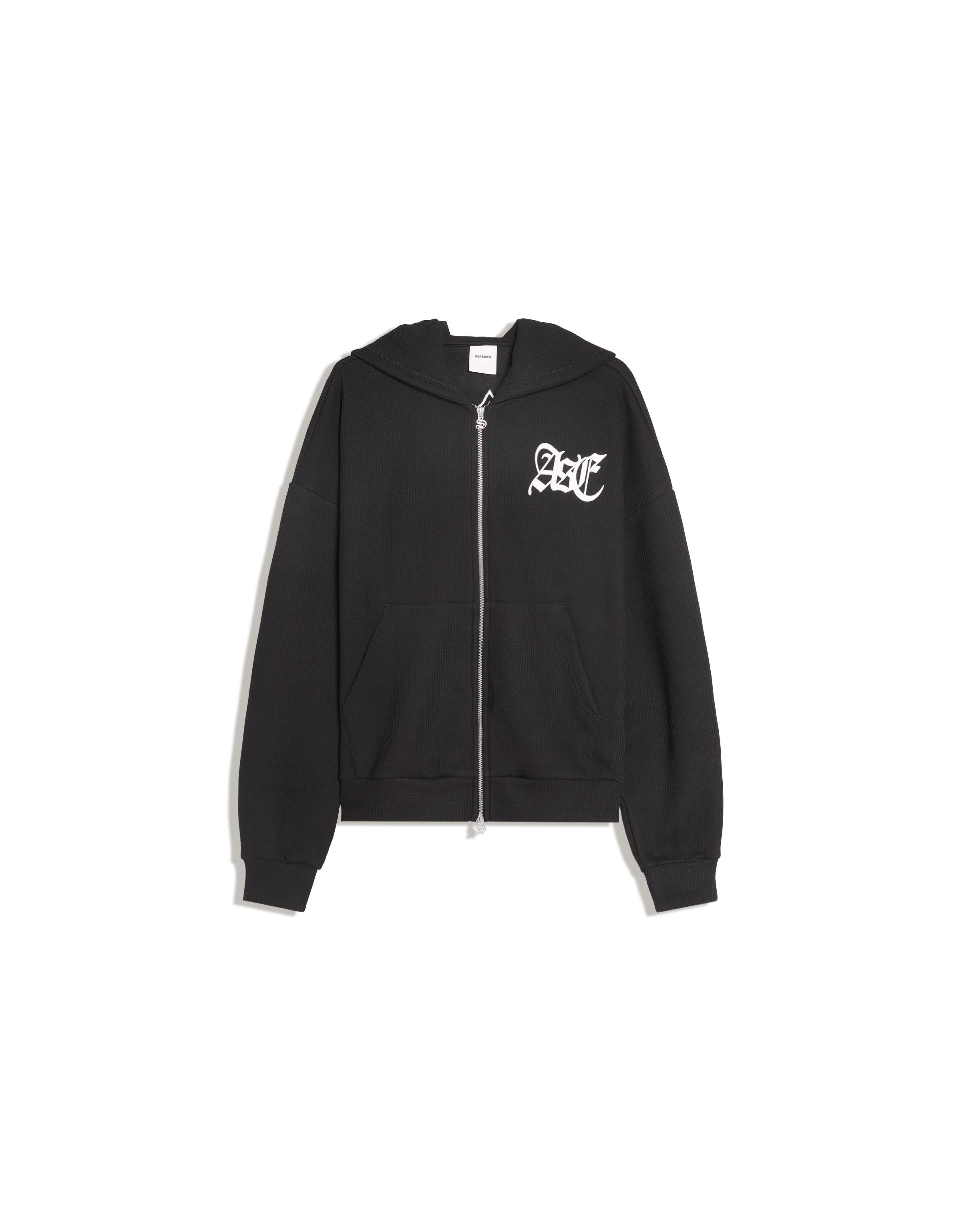 Embroidered waffle-knit hoodie — Black
