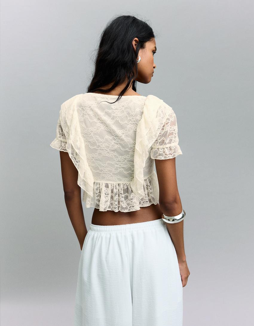 Fırfırlı dantelli crop bluz-Bej