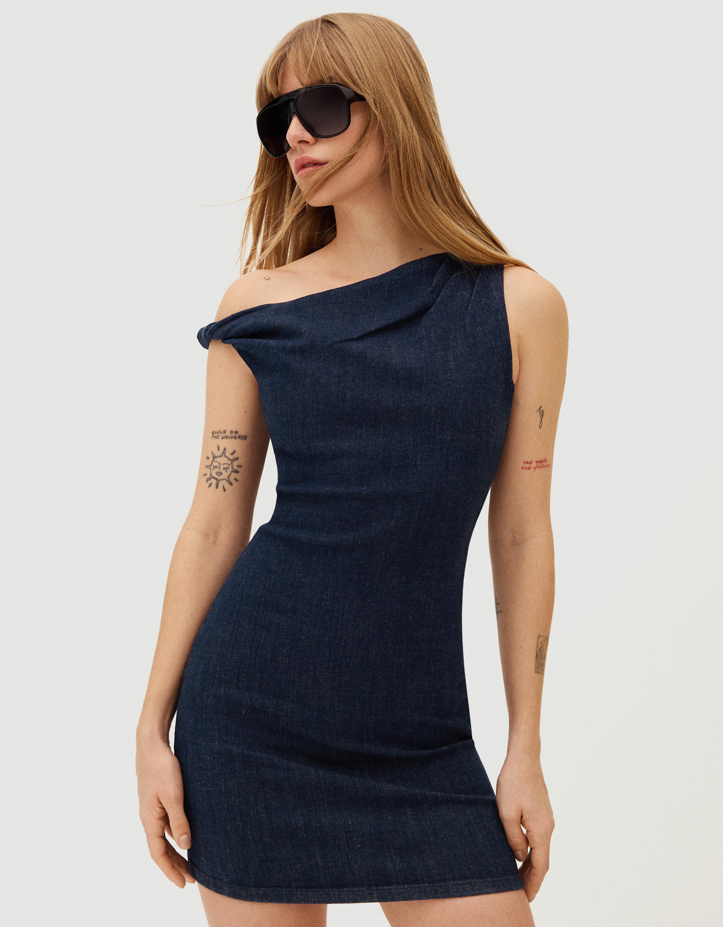 Düşük omuzlu denim mini elbise - Görsel 19