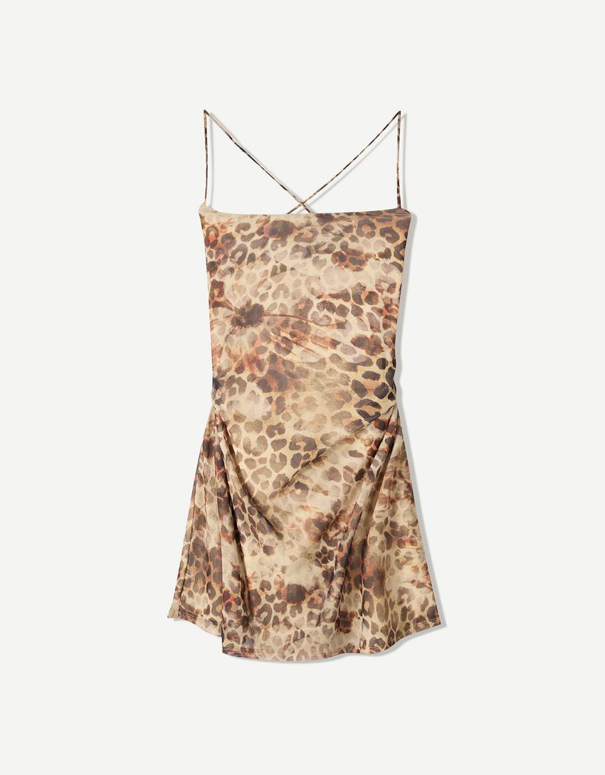 Strappy tulle animal print mini dress-Brown-4
