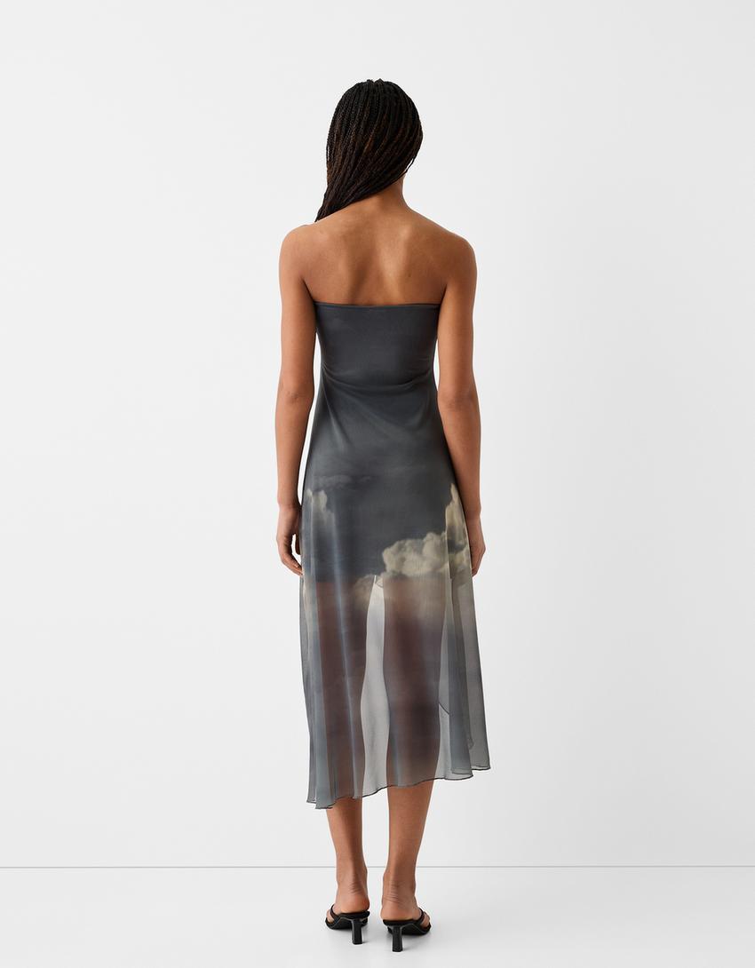 Vestido midi bandeau de tule assimétrico-Cinzento-escuro-2