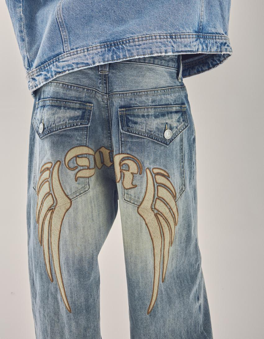 Jeans superbaggy fit brodé-Bleu lavé