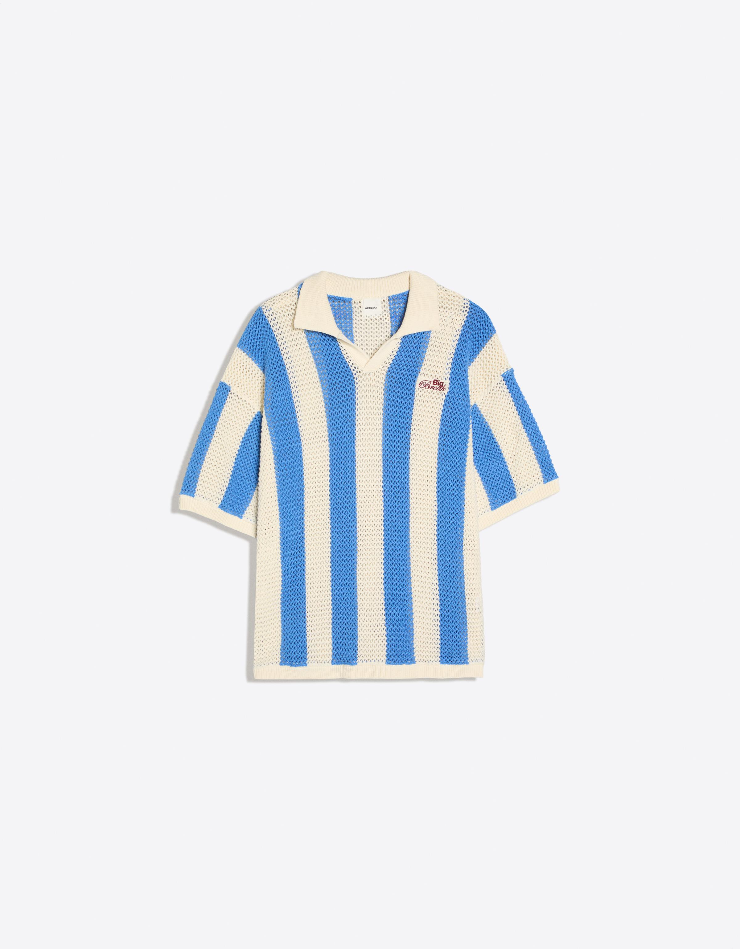 Bershka Polo Manga Corta Mesh Rayas Hombre Azul Claro