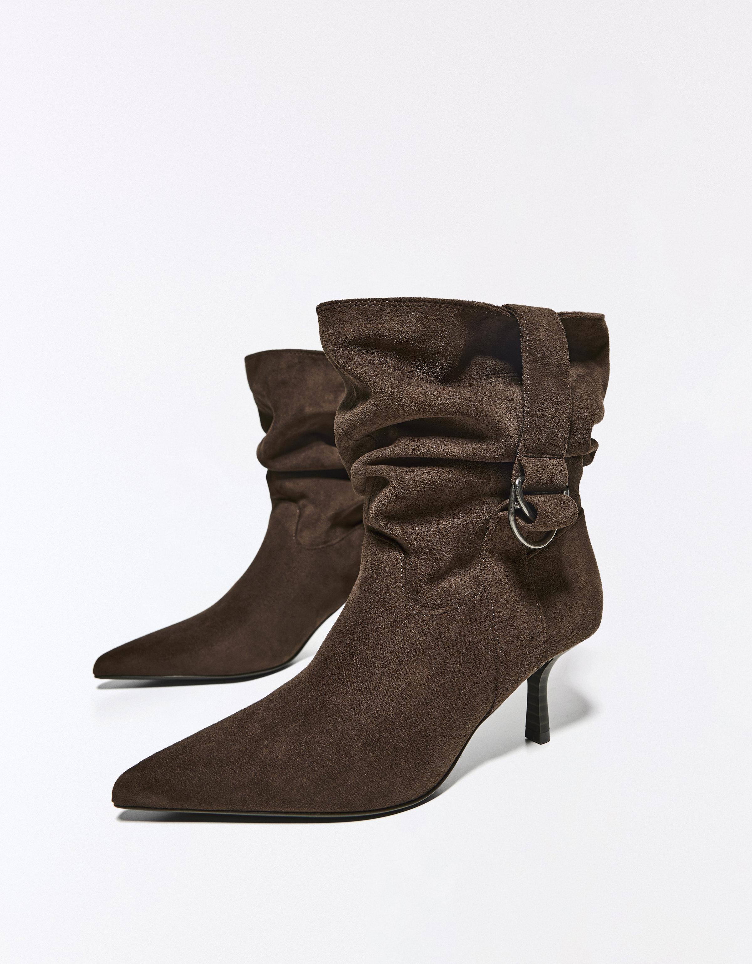 SLOUCHY BUCKLE HEEL ANKLE BOOTS — TAUPE