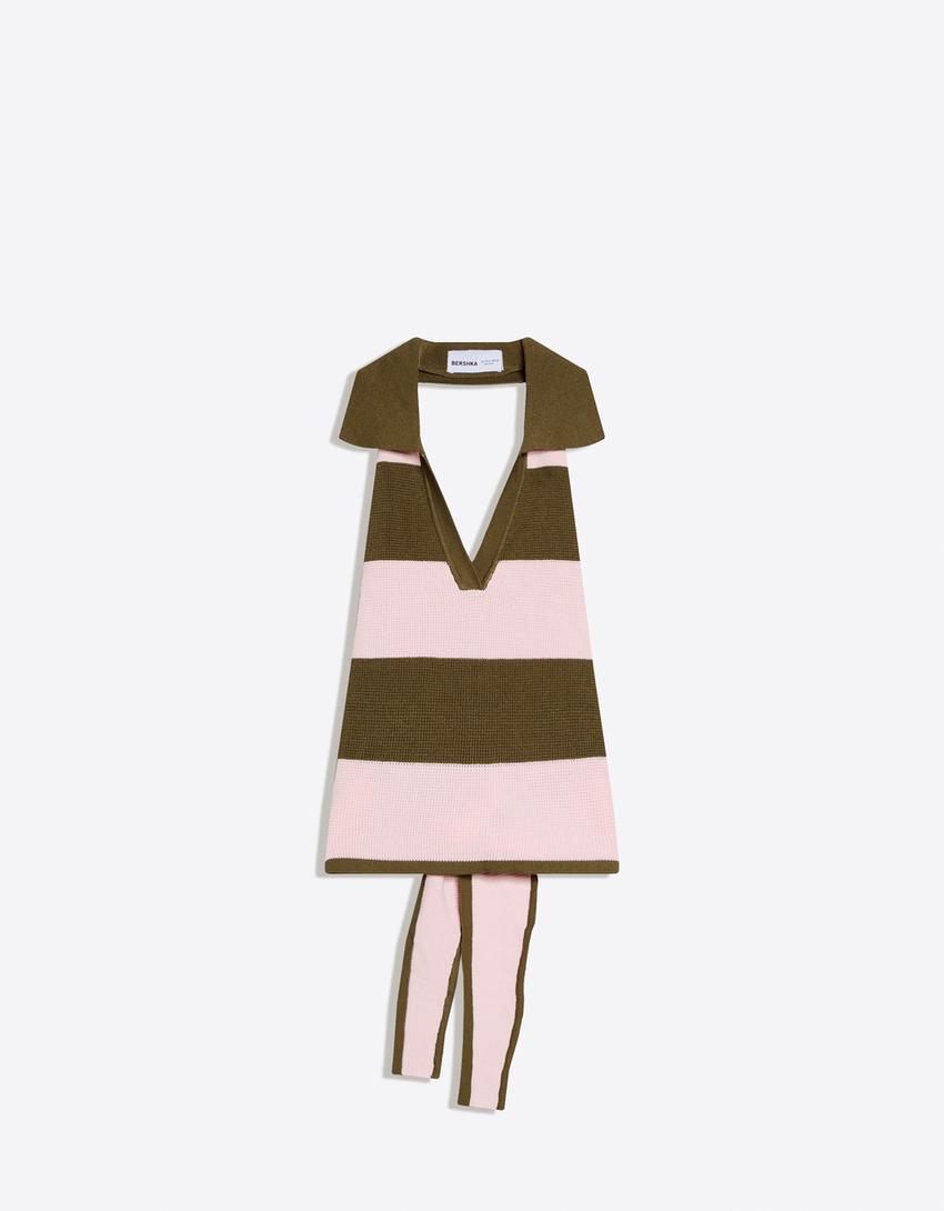 Polo collar top with back knot-Pink