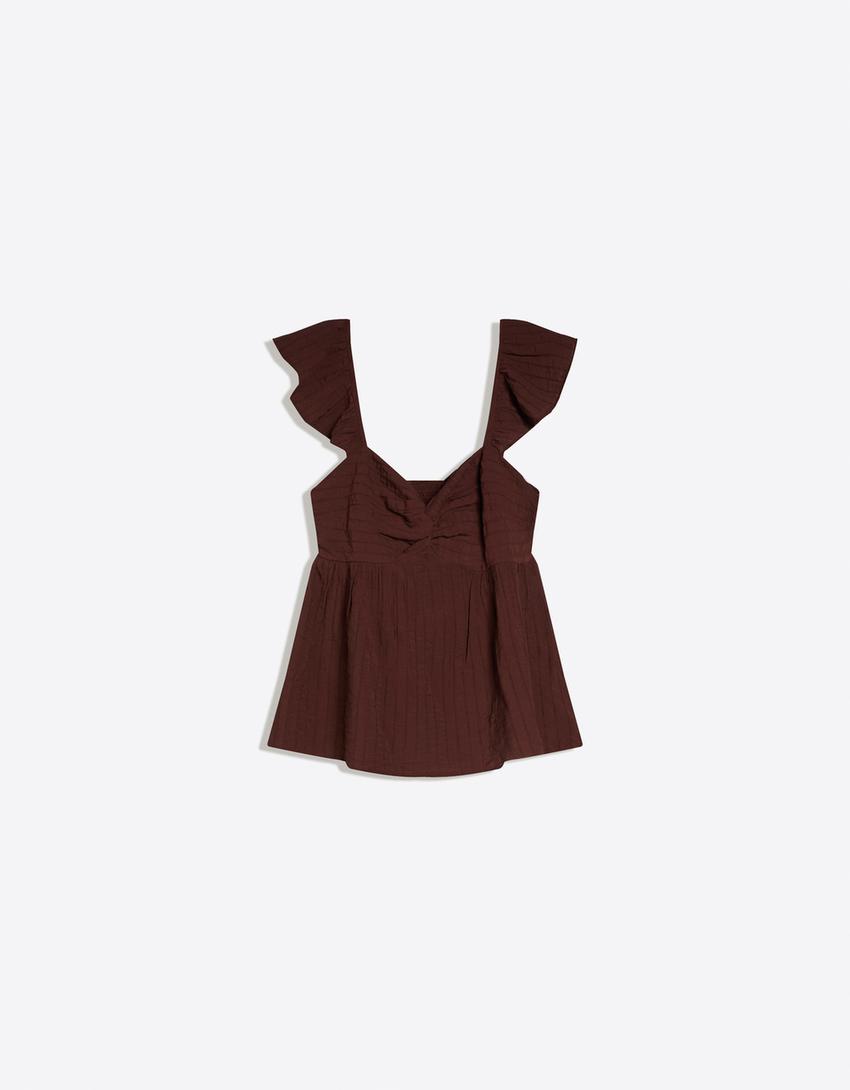 Shirred strap top-Brown