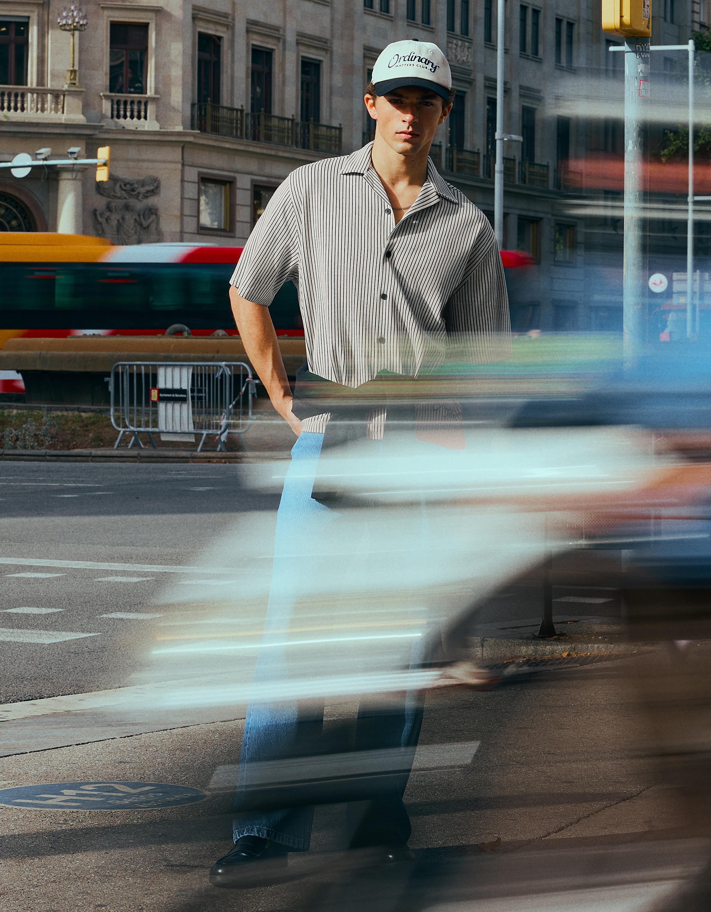 Short sleeve boxy print shirt — Navy