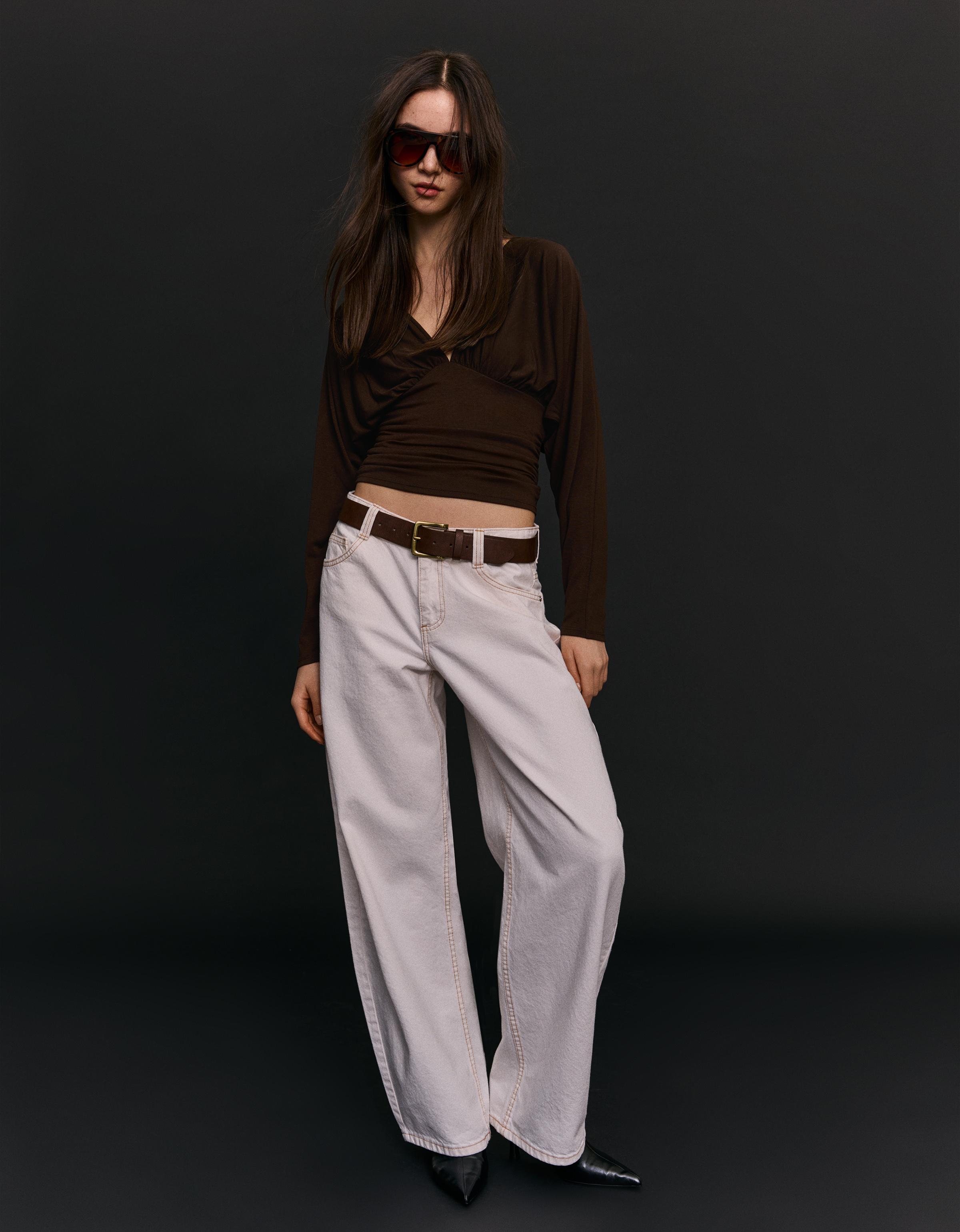 Long-sleeve ruched T-shirt — Brown