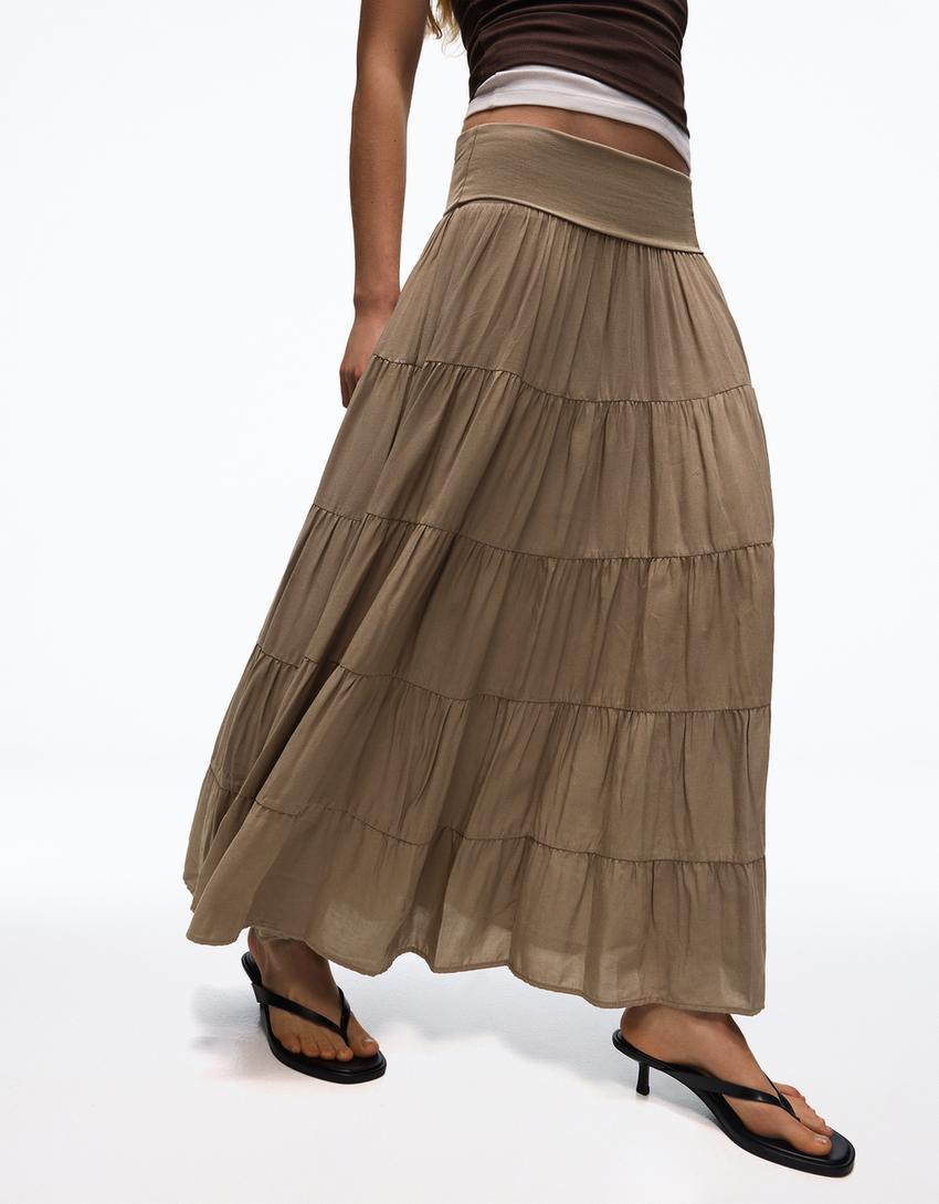 Midi skirt with fold-over waist-Khaki