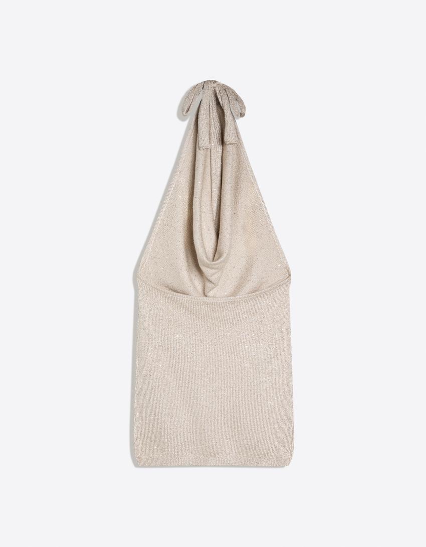 Vestido mini cuello halter lentejuelas-Plata