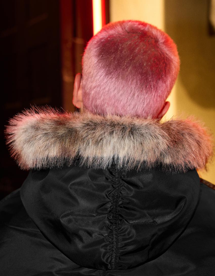 Technical jacket with faux fur collar-Black