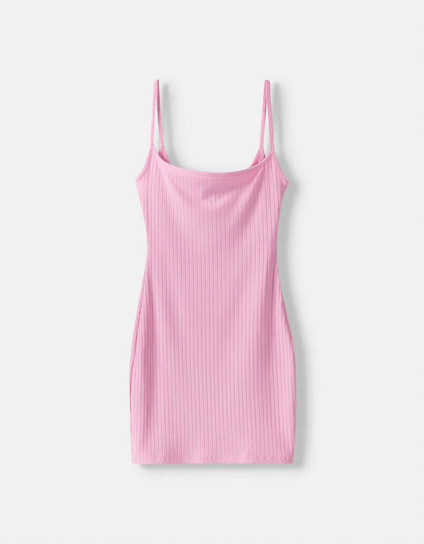 Mini-robe bretelles côtelée-Rose-4