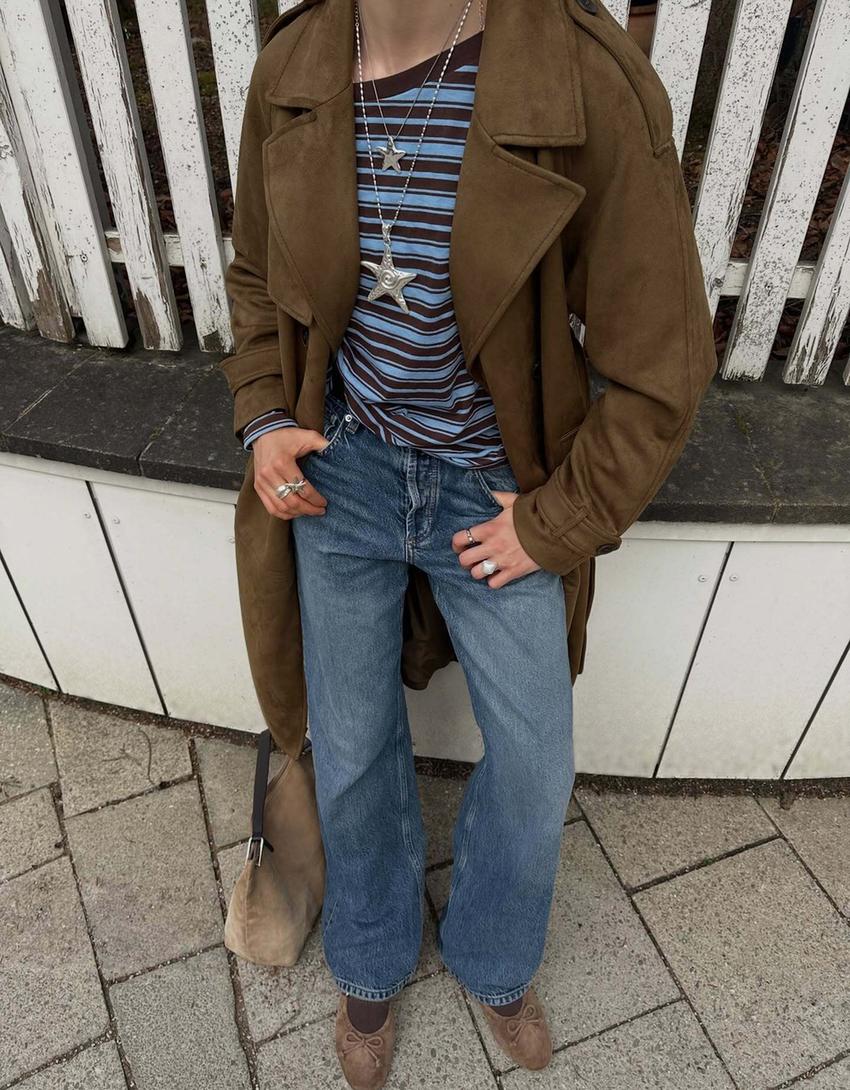 מעיל טרנץ' דמוי זמש-חול