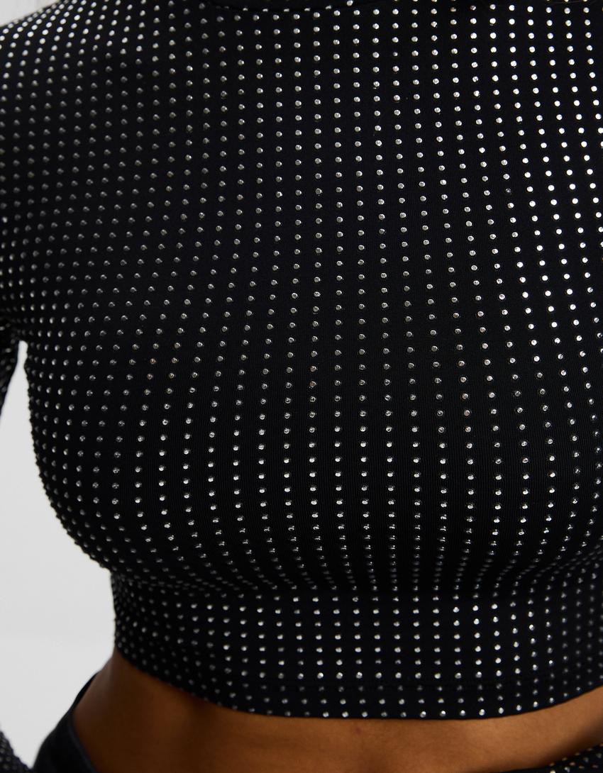 تيشرت لامع بأكمام طويلة وياقة عالية-رمادي-5