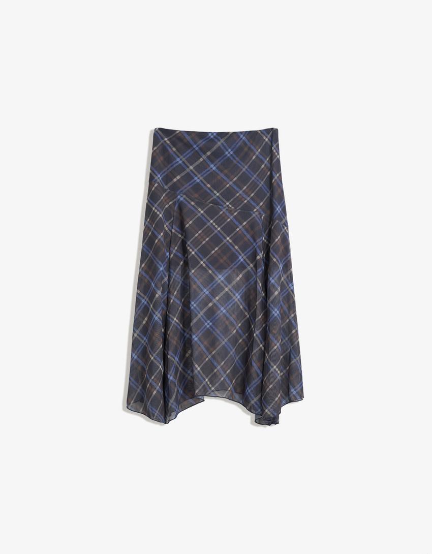 Asymmetric check midi skirt-Navy-1