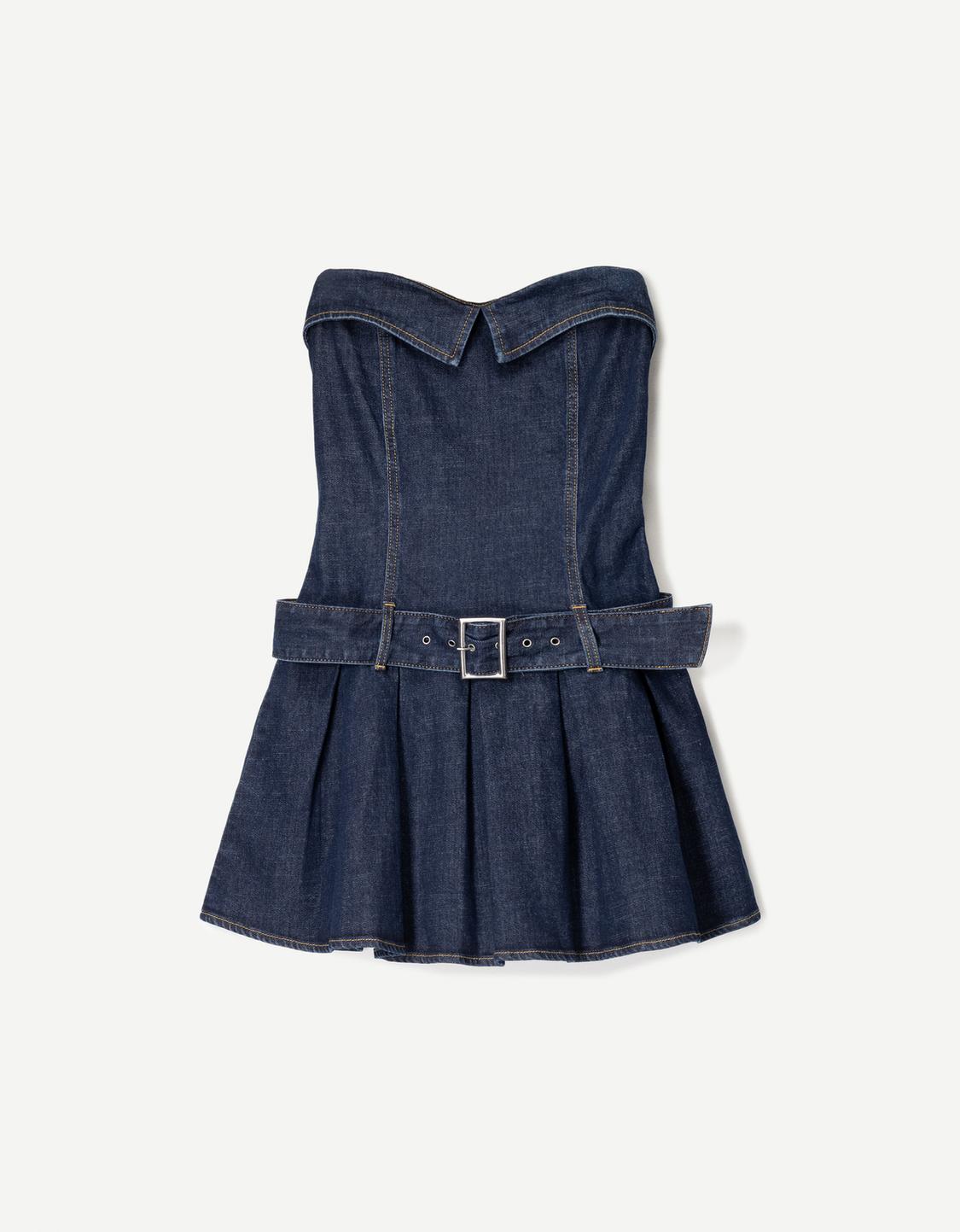 Denim mini dress with box pleats