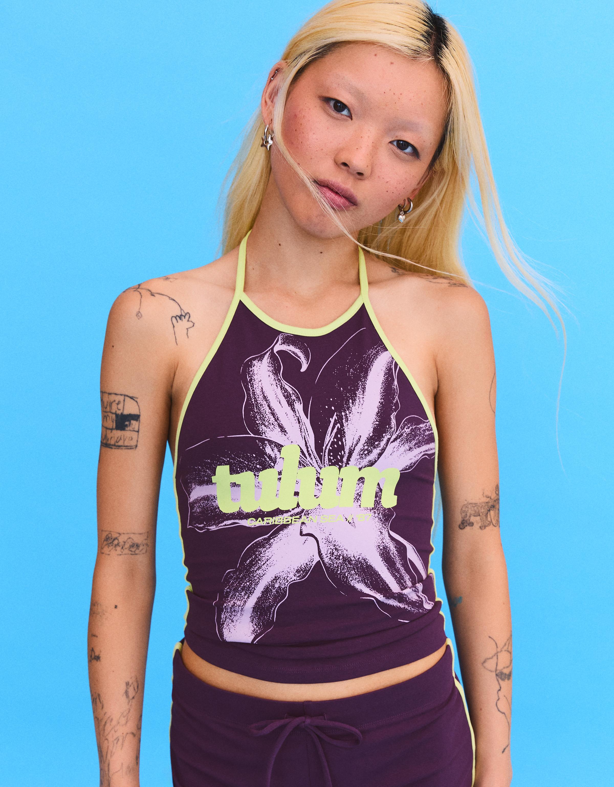 Bershka Top Halter Print Contraste Mujer Morado