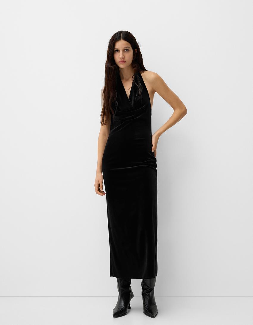 Velvet halterneck midi dress - Women | Bershka