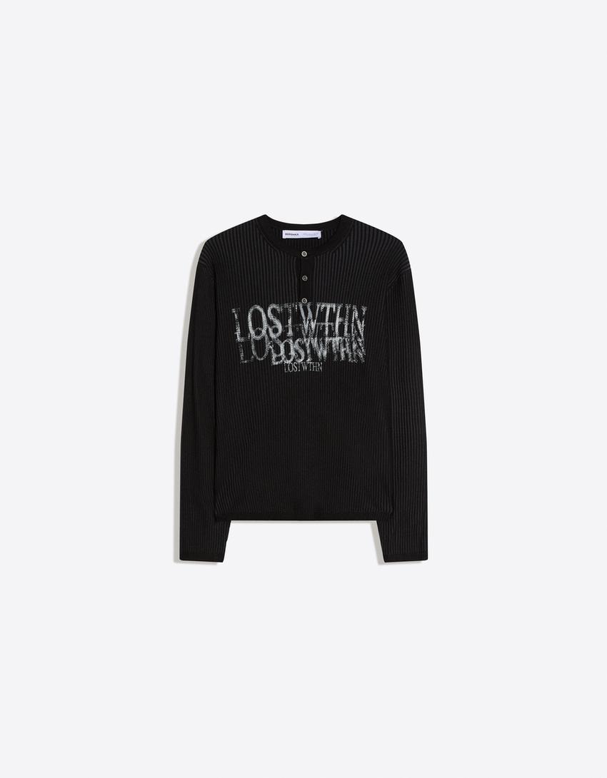 Henley print sweater-Black