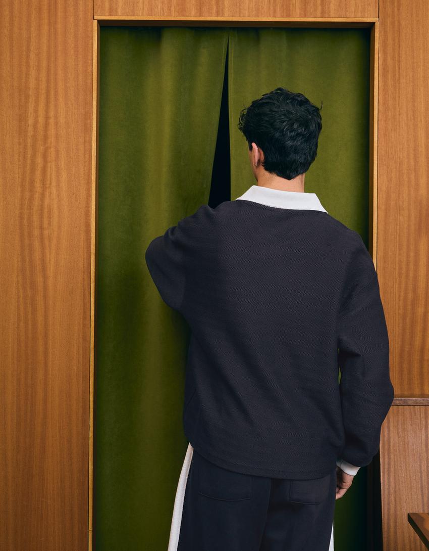 Tricou polo mânecă lungă boxy print-Bleumarin