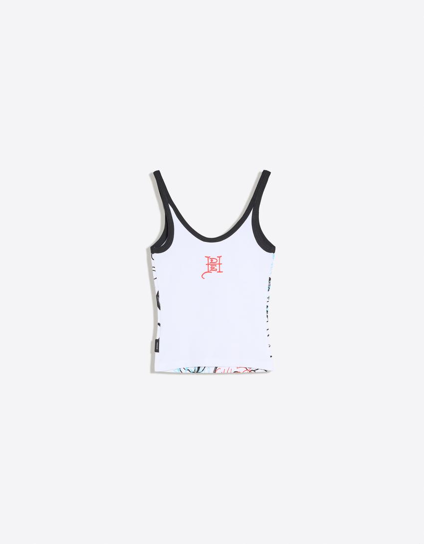 ED HARDY X BERSHKA print vest top-Off white