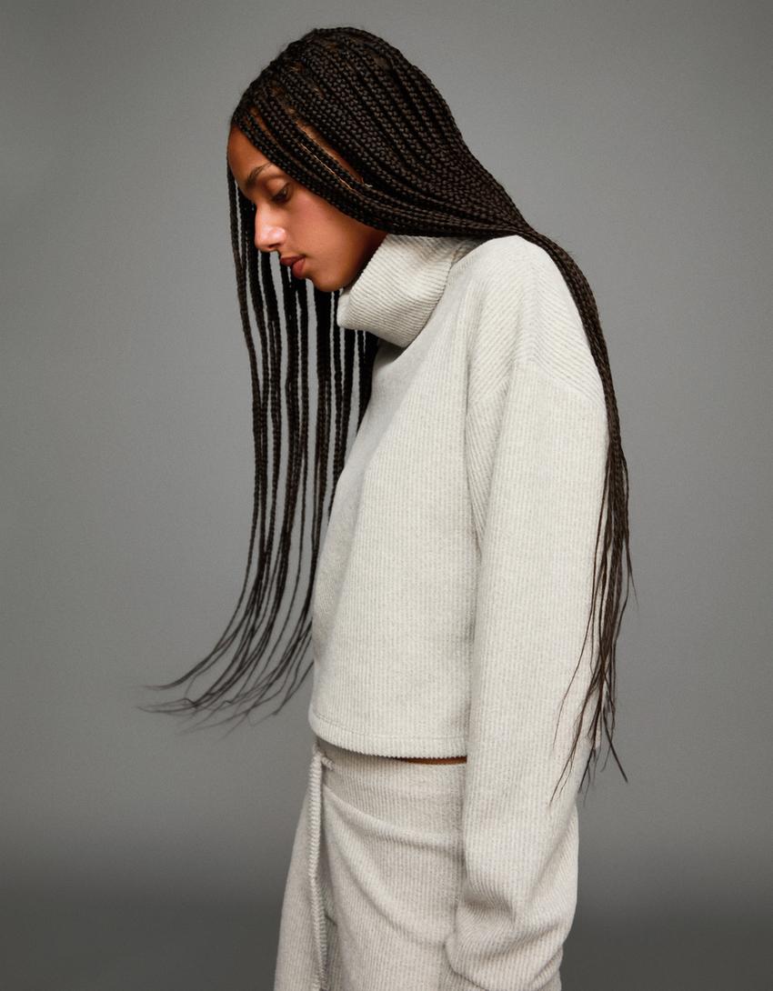 High neck ribbed sweater-Sand