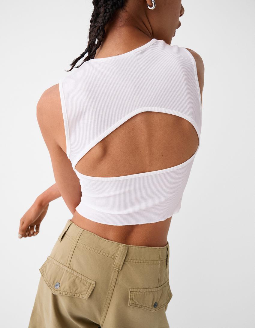 Ribbed printed sleeveless T-shirt-Cream-2