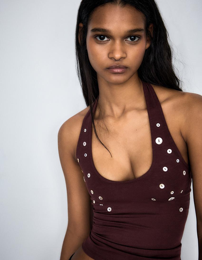Halter top with buttons-Brown