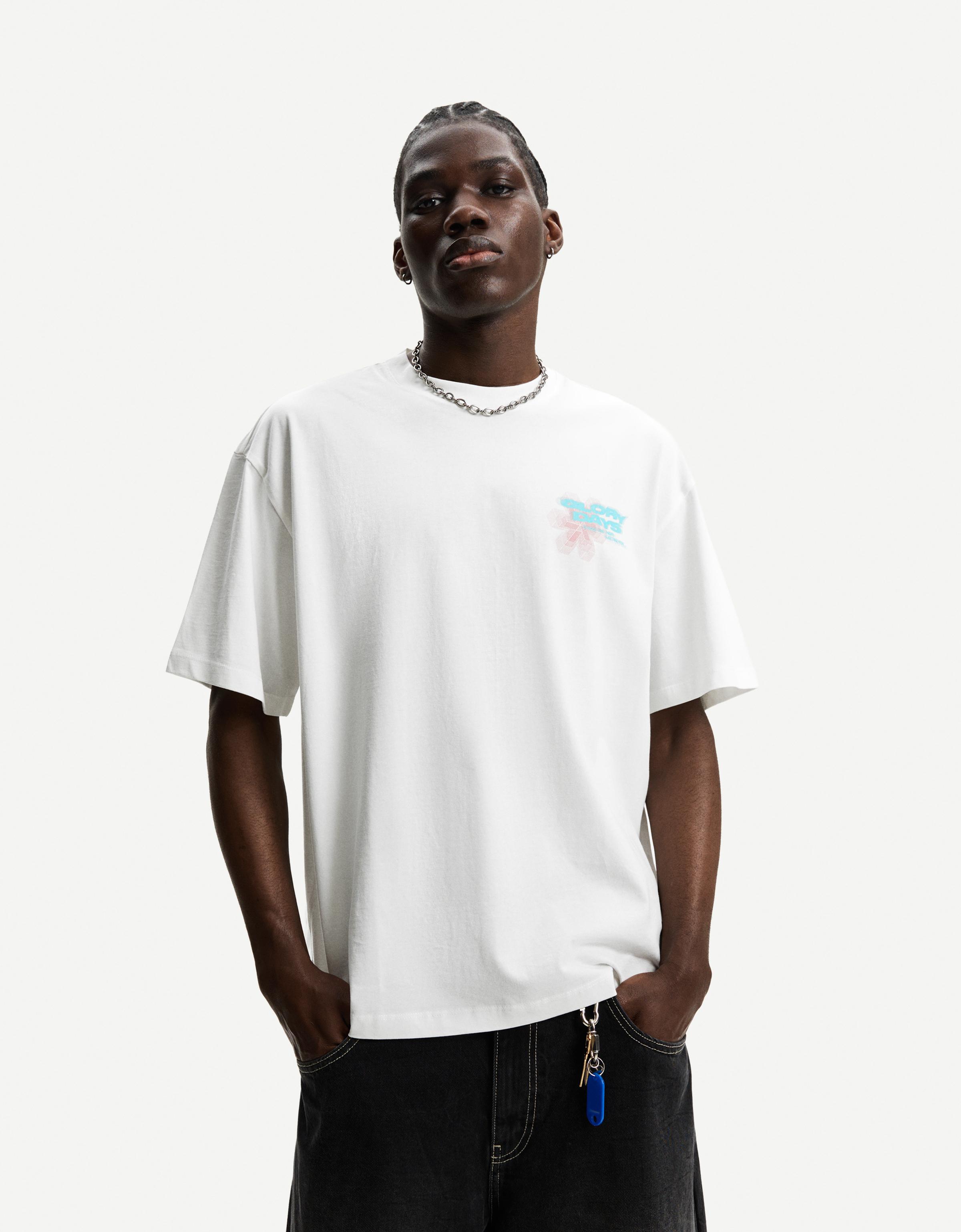 Bershka T-Shirt Mit Kurzen Ärmeln Und Print Herren S Weiss