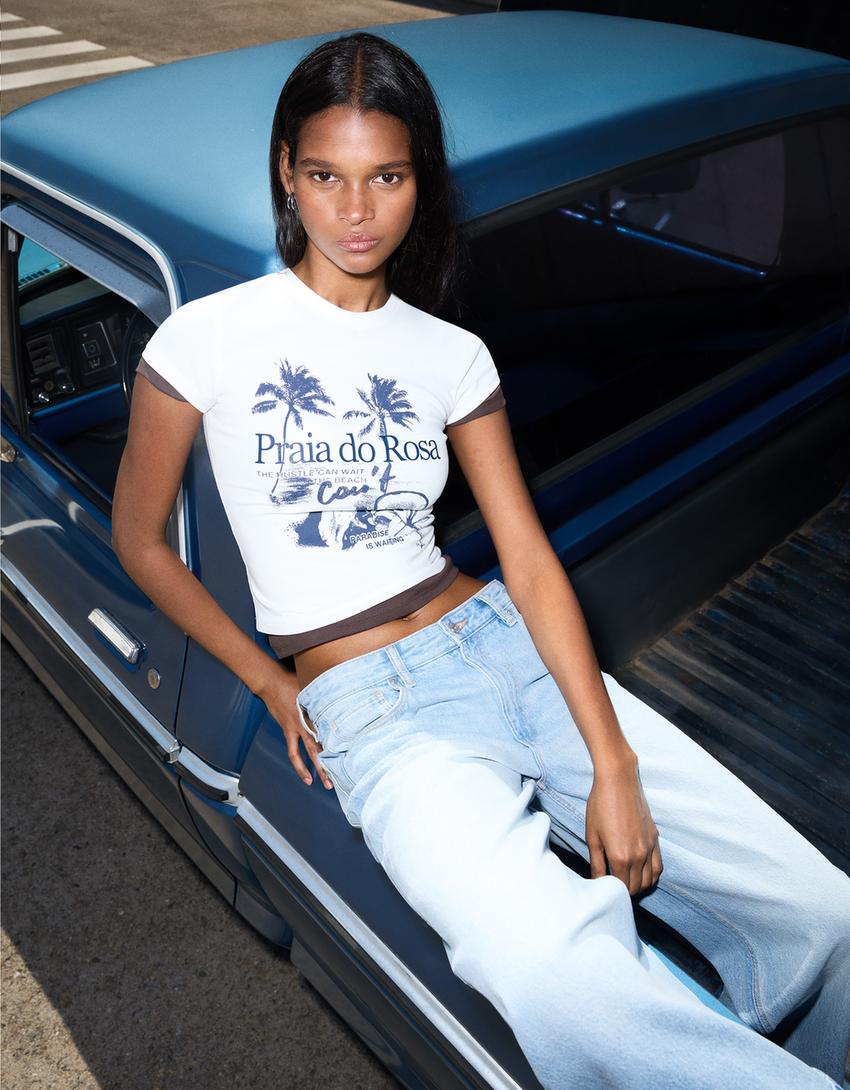 T-shirt manches courtes imprimé-Blanc cassé
