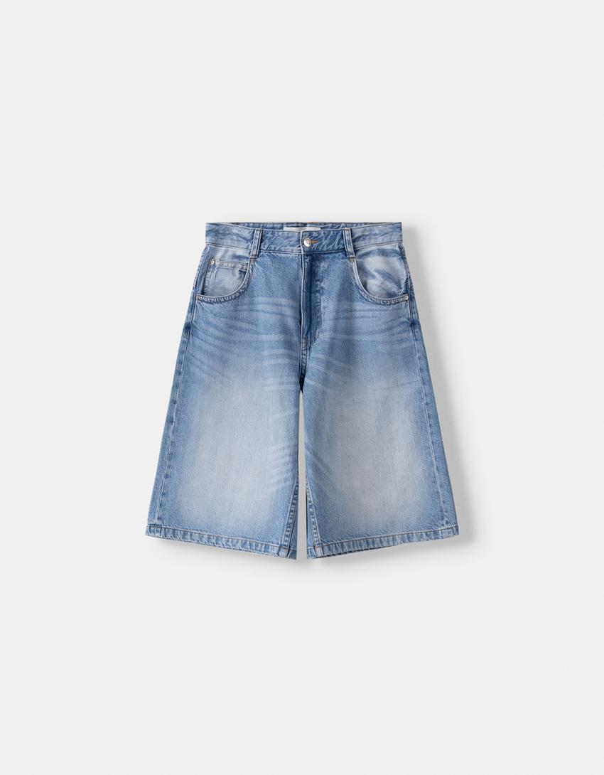 Calções bermuda denim super baggy bordado-Azul lavado-4