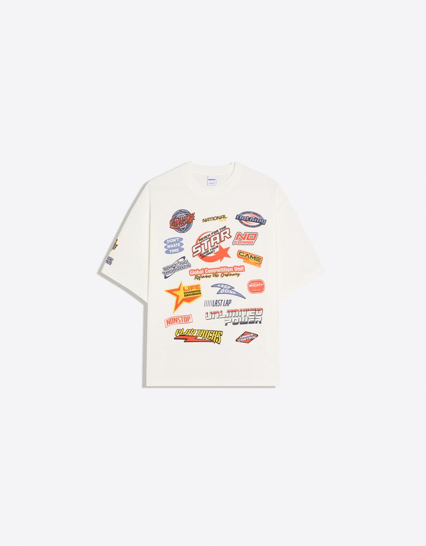 T-shirt manches courtes imprimé-Blanc cassé