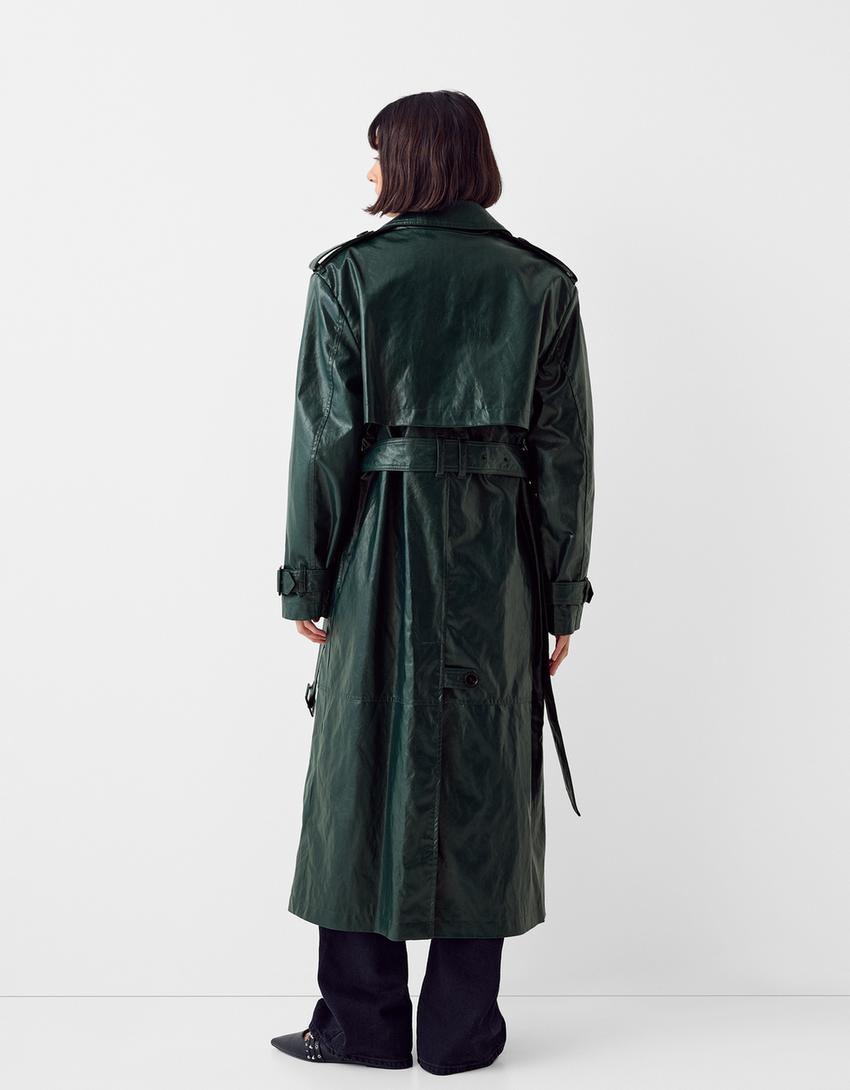 Extra-long leather effect trench coat-Green-2