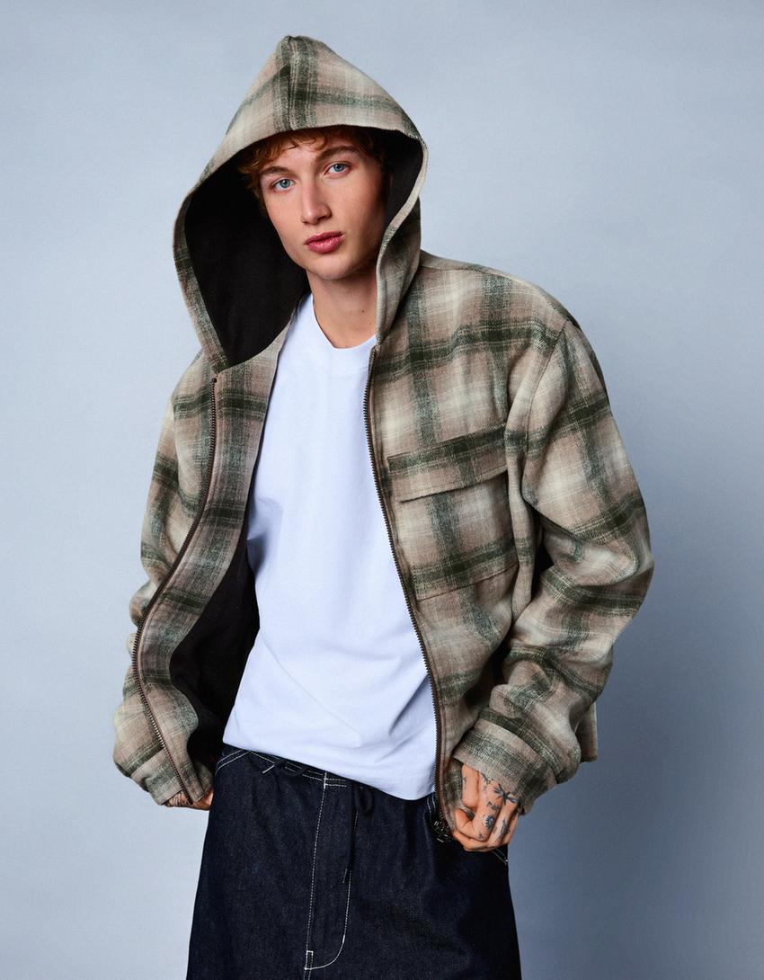 Boxy Hemdjacke mit Fleece-Print-Khaki