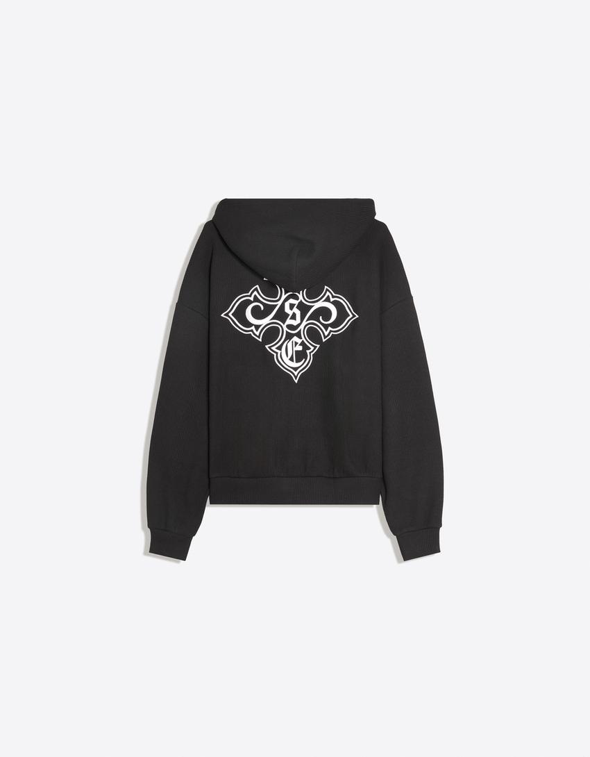Waffle embroidered hoodie-Black