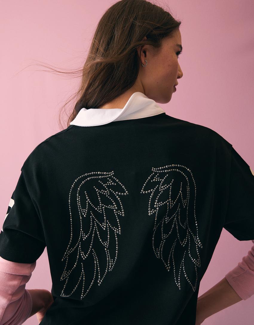 Maglietta con collo a polo e stampa strass-Nero