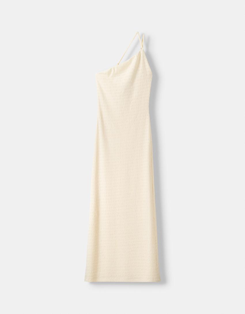 Waffle-knit asymmetric midi dress-Beige-4