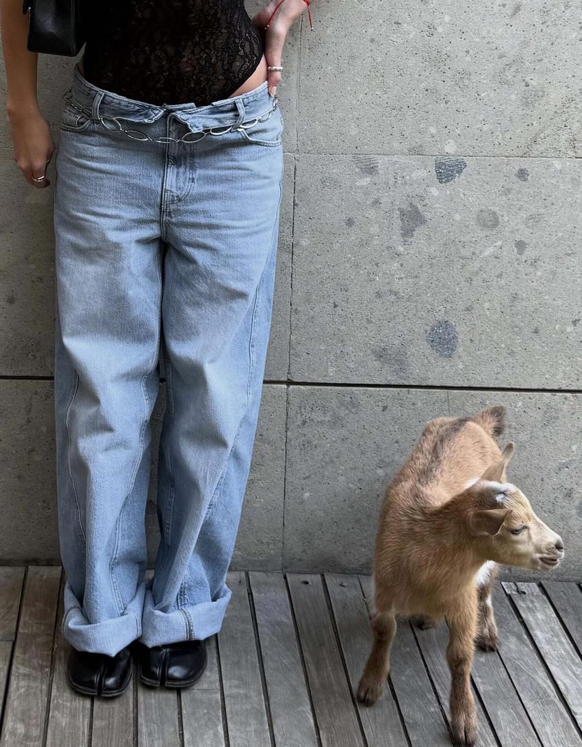 Jean barrel taille repliée-Bleu lavé