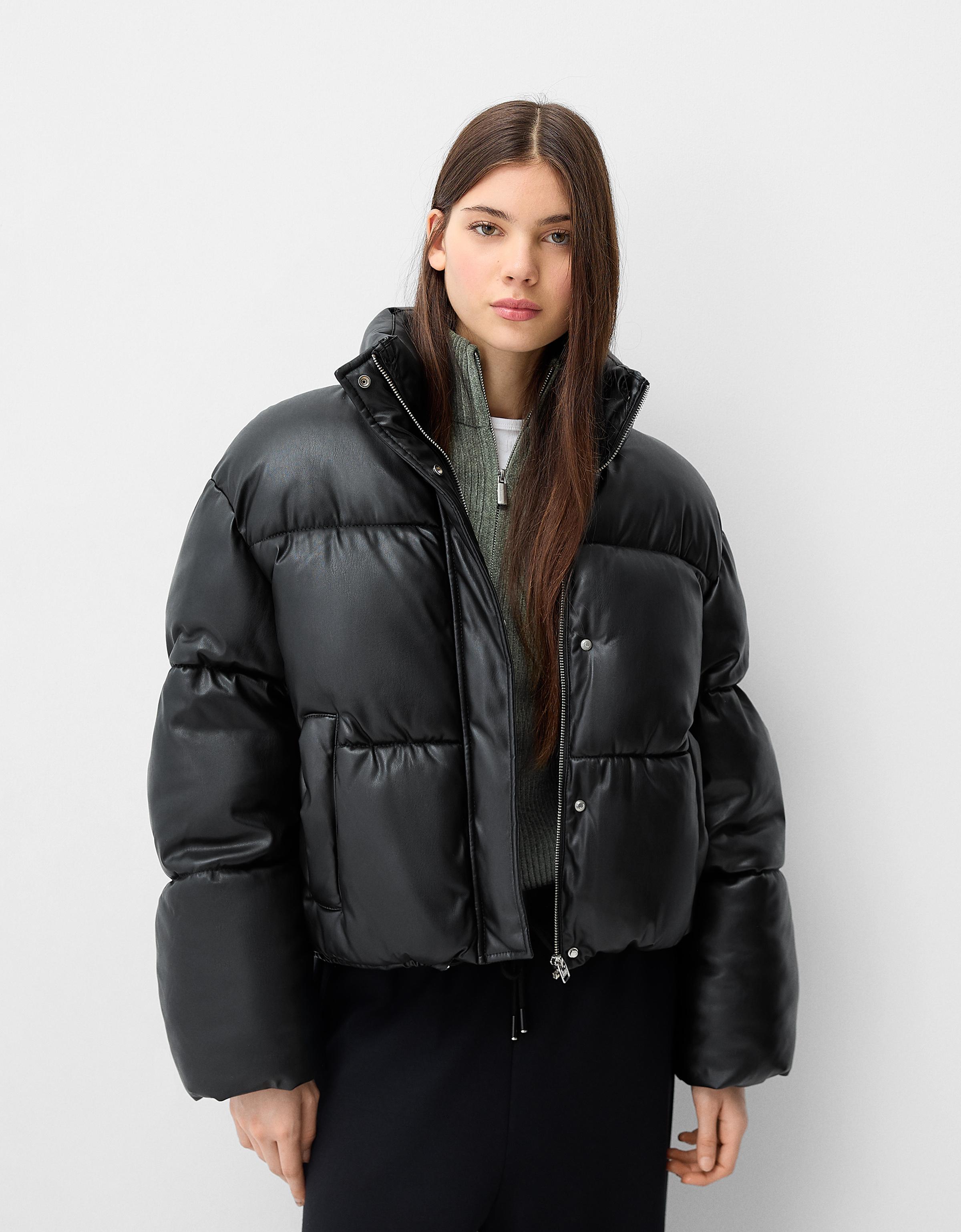 Bershka Pufferjacke Aus Kunstleder Damen Xs Schwarz