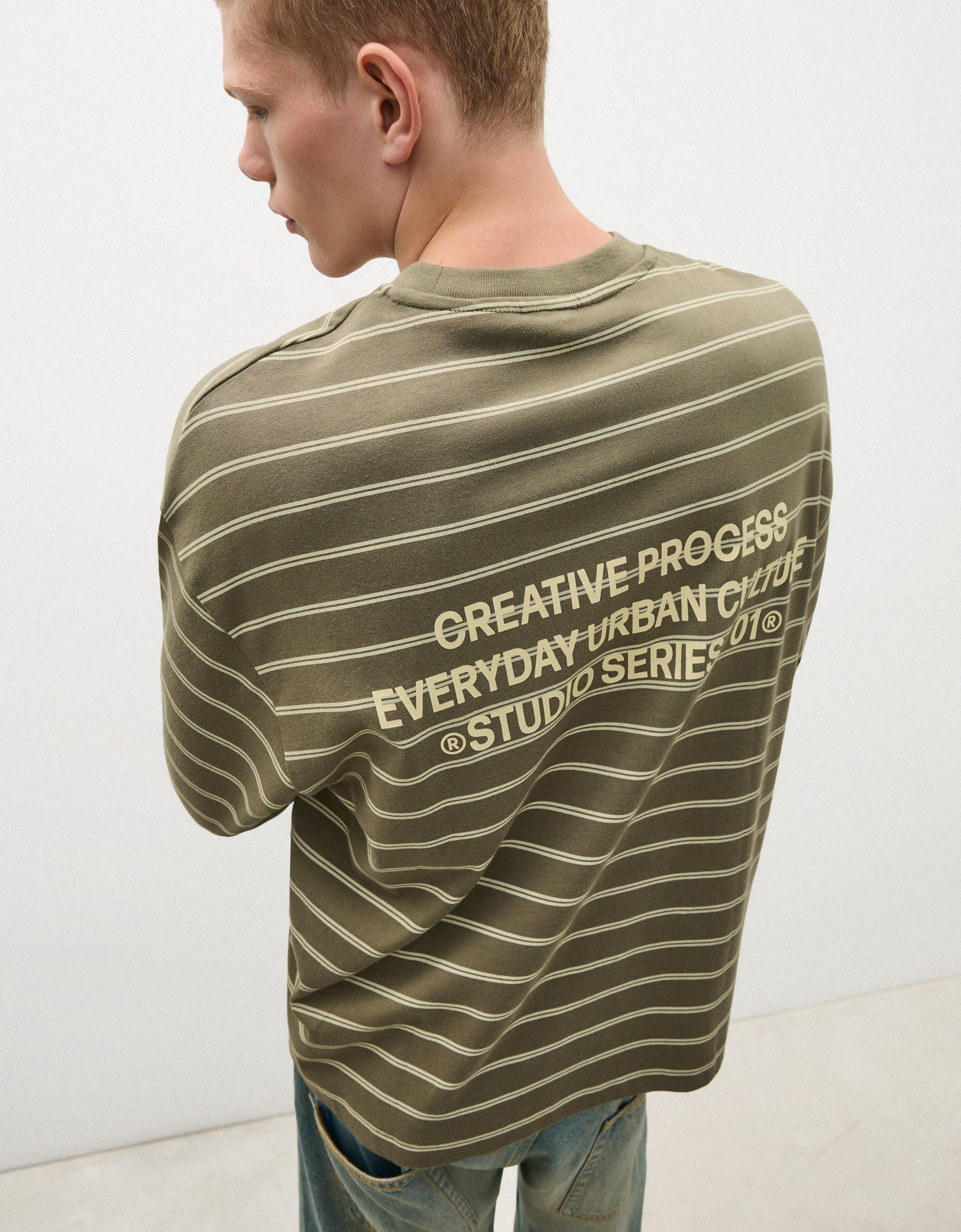 Long-sleeved stripe print T-shirt — Khaki