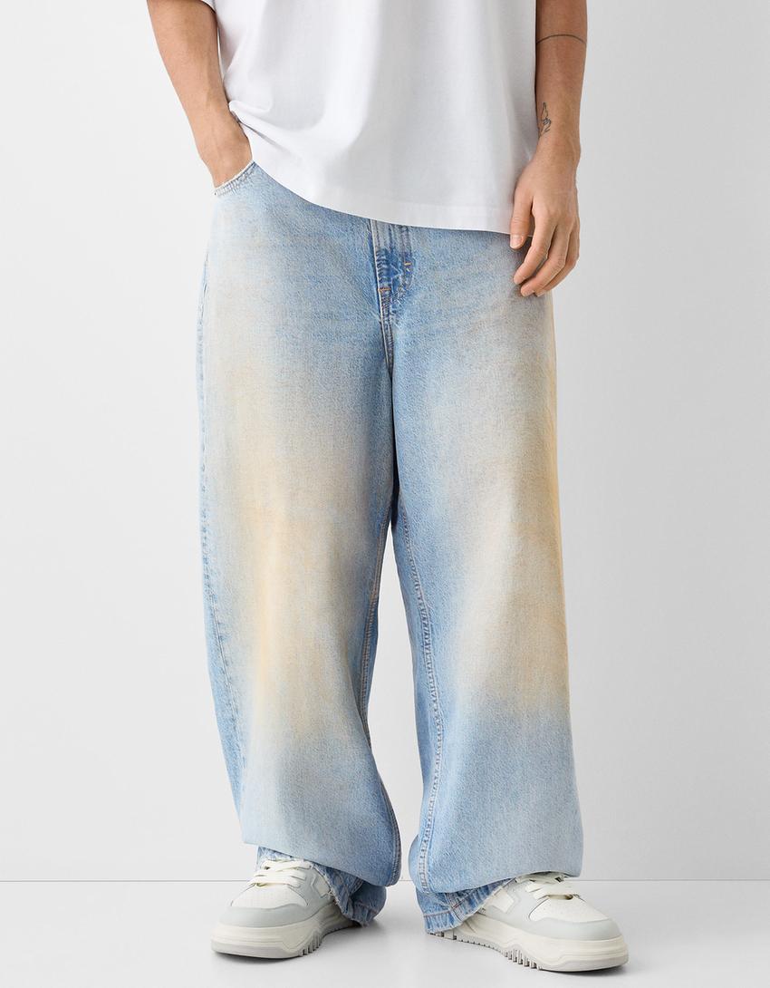 Faded dirty super baggy jeans-Light blue