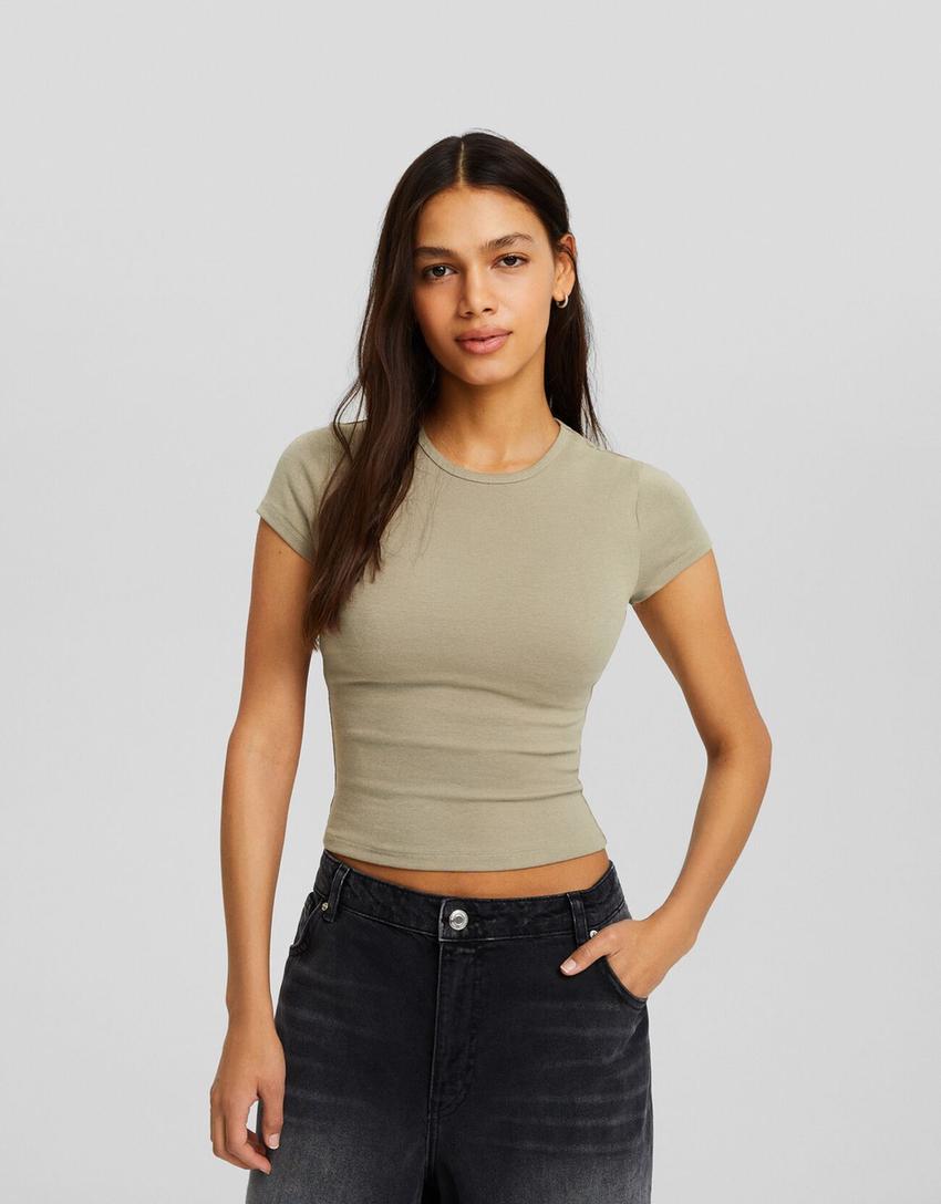Short sleeve crew neck T-shirt-Khaki-0