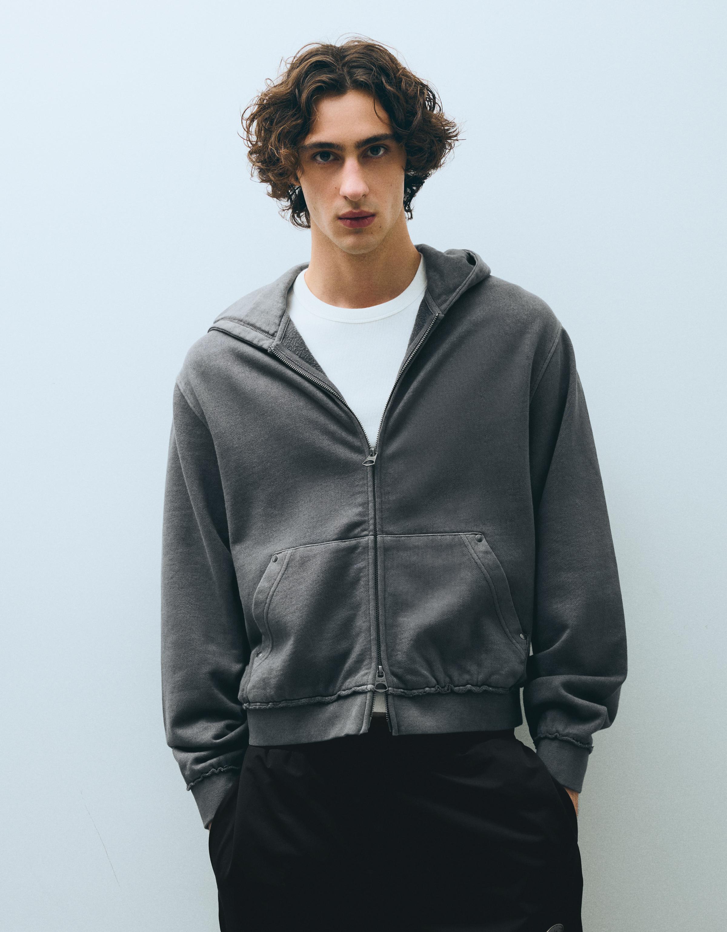 Bershka Sudadera Capucha Cremallera Tachas Hombre L Gris