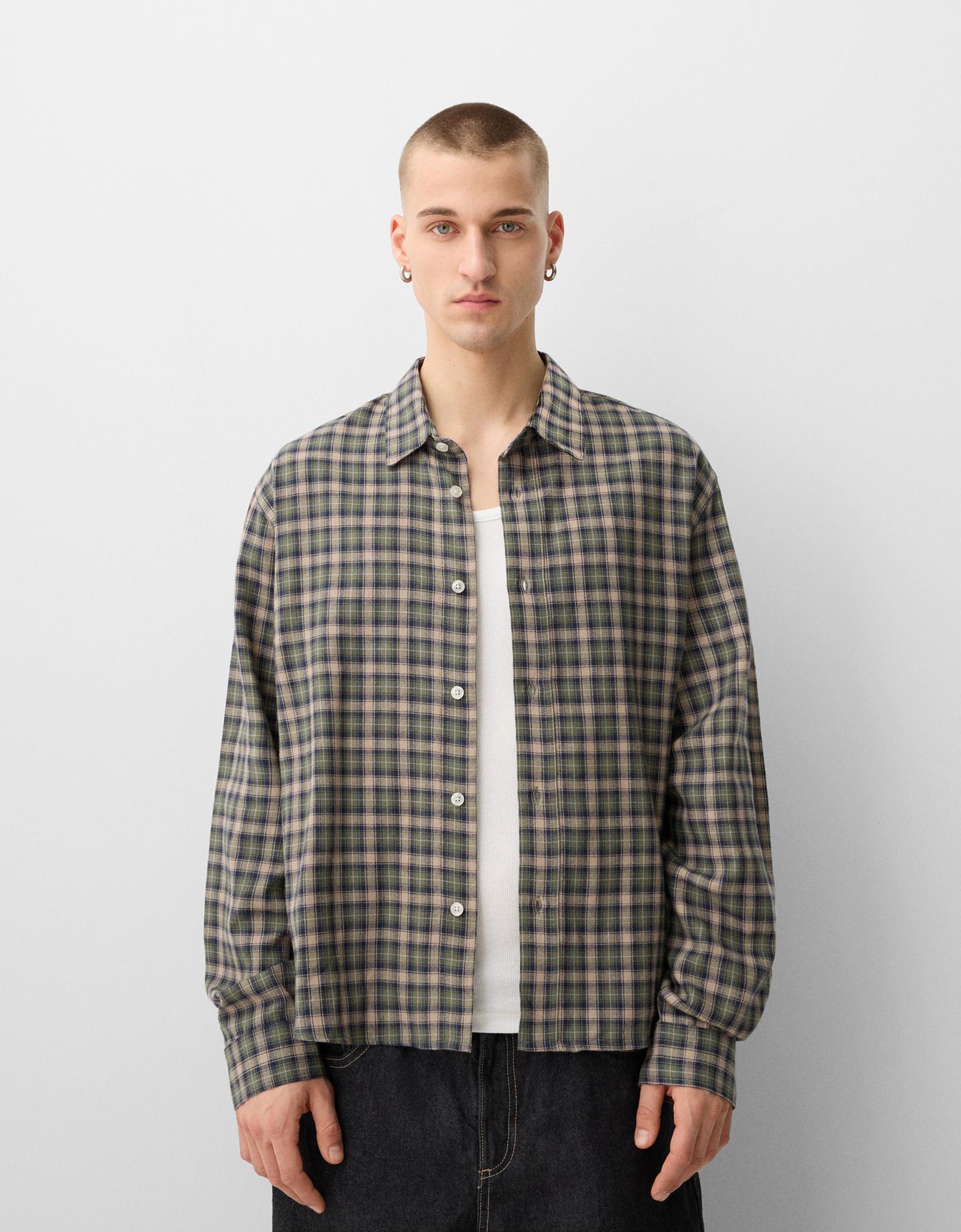 Bershka Camisa Manga Larga Boxy Cuadros Hombre M Verde