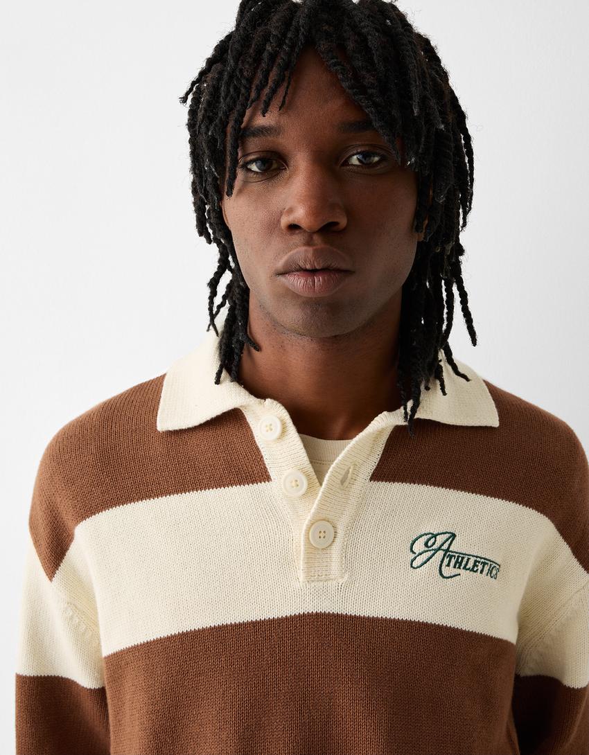 Pull col polo rayures broderie-Marron-2
