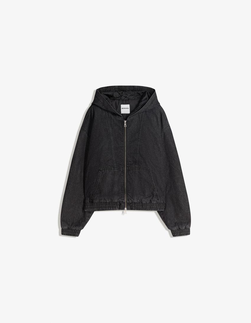 Studded denim bomber jacket with hood-Black