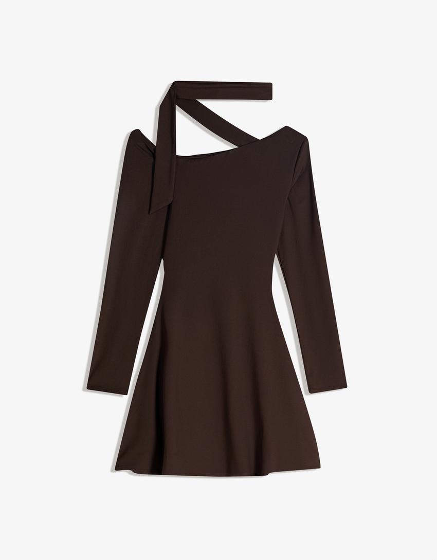 Vestido mini manga comprida detalhe lenço-Marrom